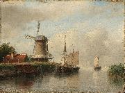 Andreas Schelfhout Dutch boats moored on a river beside a windmill